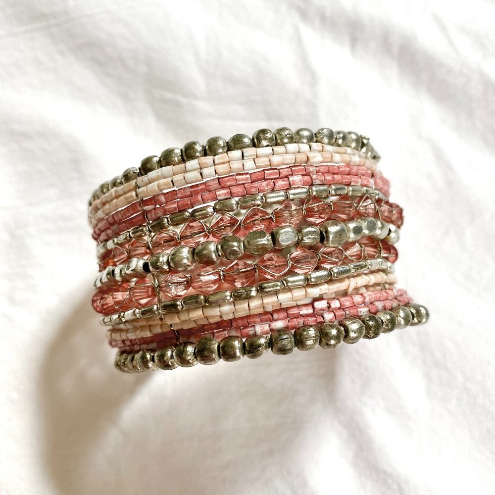 Pink Cuff Bracelet Boho Seed Beaded Retro Festival